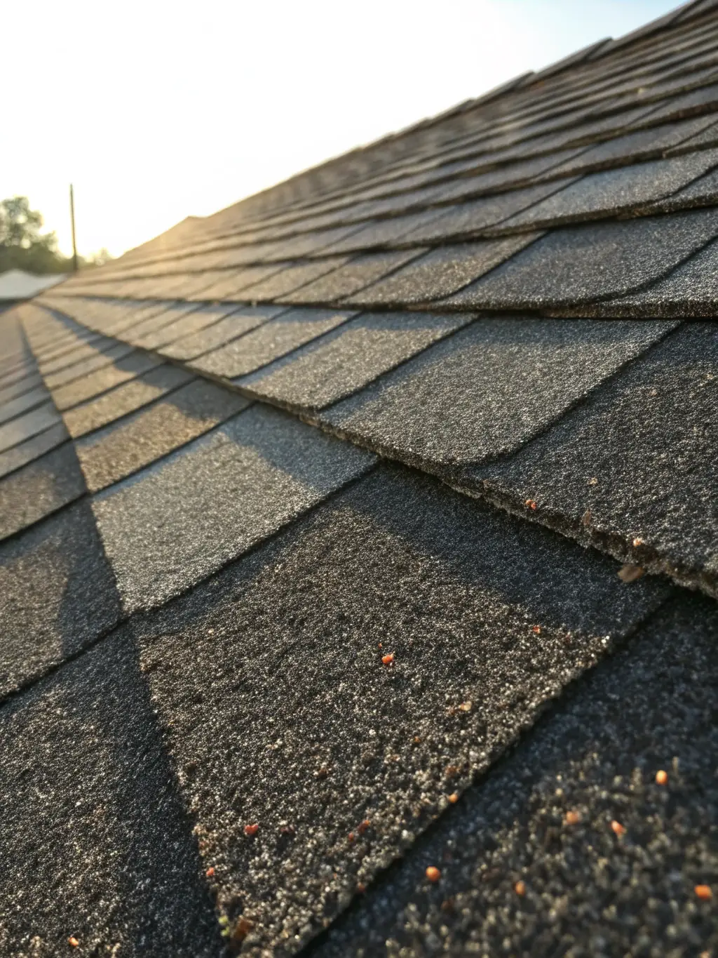 A sturdy, newly installed roof with asphalt shingles, protecting a house from the elements. The roofline is clean and the shingles are evenly spaced, indicating quality workmanship.