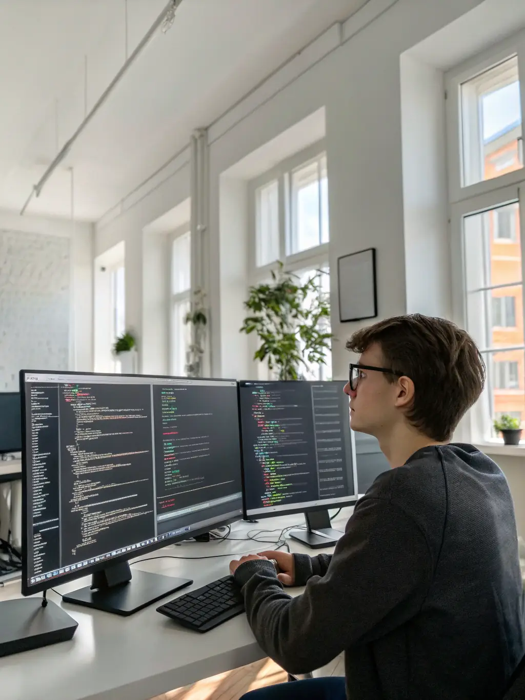 A software developer is coding on multiple monitors in a brightly lit office, showcasing Gcr-us.com's software development capabilities.