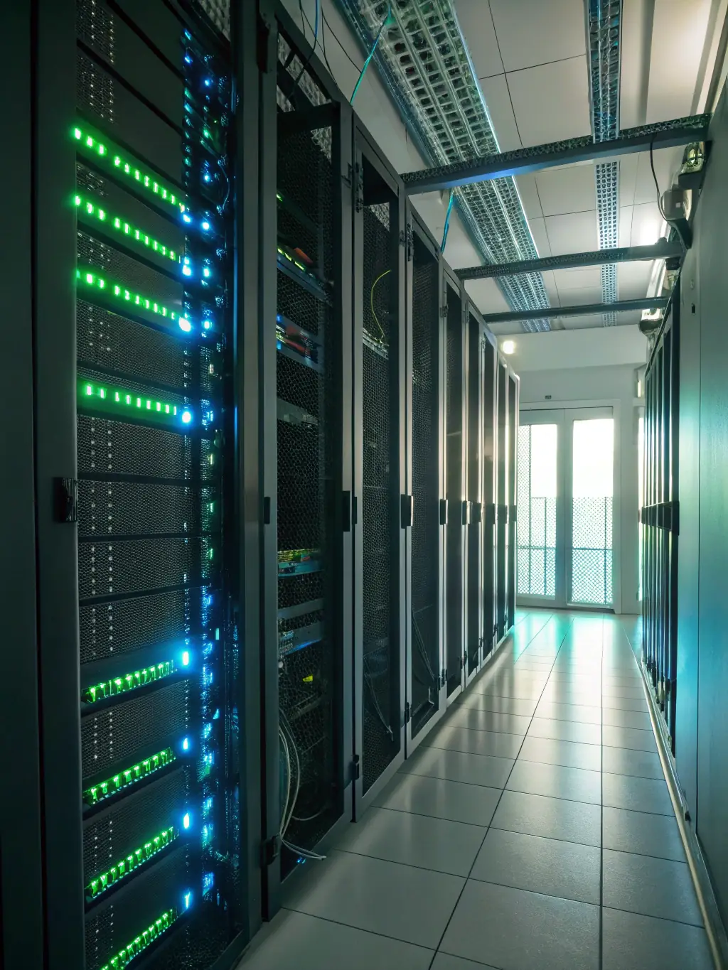 A server room with blinking lights and visible network cables, representing Gcr-us.com's managed IT services.