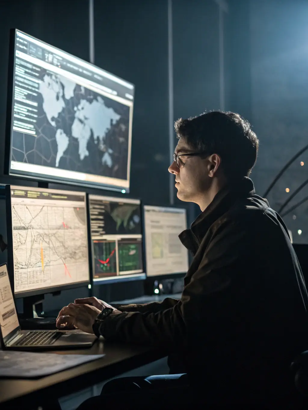 A cybersecurity expert is analyzing network traffic on a computer screen, highlighting Gcr-us.com's cybersecurity solutions.