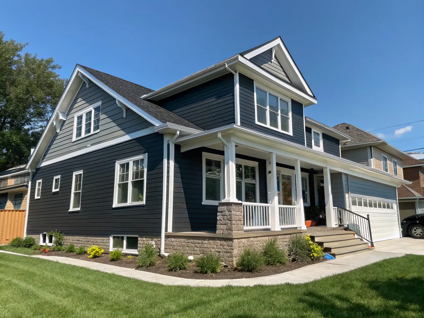 A detailed image of a home with newly installed siding, highlighting the quality and aesthetic appeal of Global Construction's siding work.