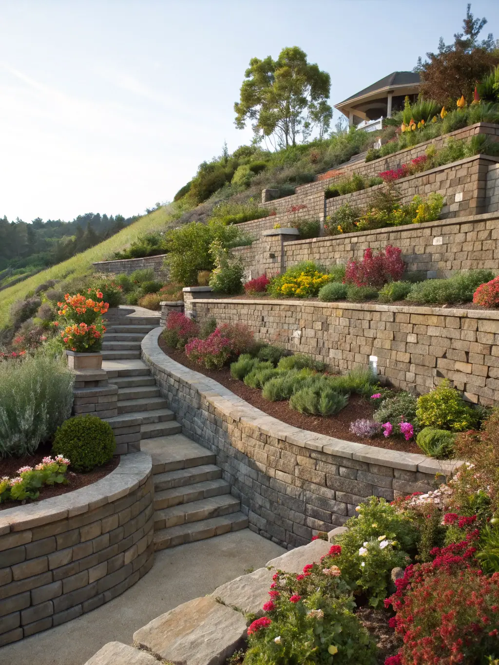 A sturdy brick retaining wall supporting a garden bed, demonstrating the structural integrity and aesthetic value of Global Construction's masonry services.