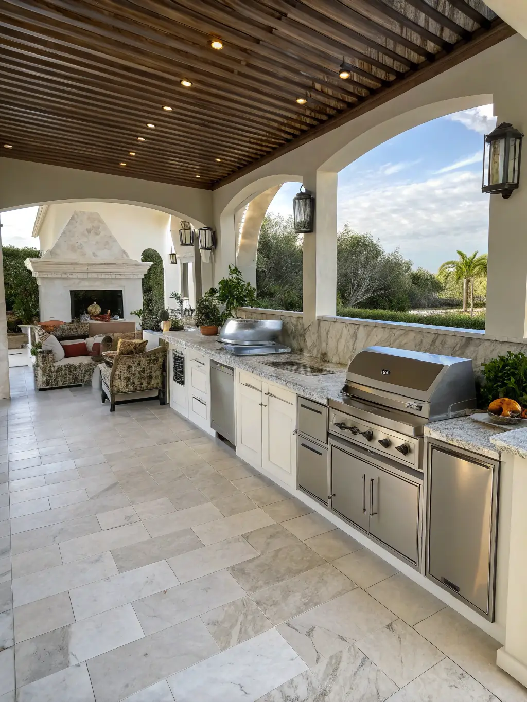 A picturesque outdoor kitchen featuring a stone countertop, built-in grill, and seating area, showcasing the functionality and beauty of Global Construction's combined decking and masonry services.